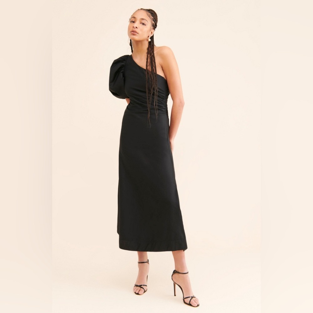 Anthropologie Aureta Studio Black One-Shoulder Puff-Sleeve Dress Size 2X NWOT